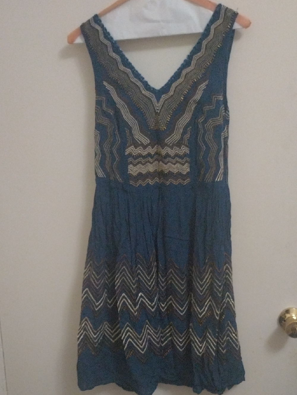 Anthropologie Meadow Rue Teal & Bronze Chevron Beaded Accent V-neck Dress Sz 4
